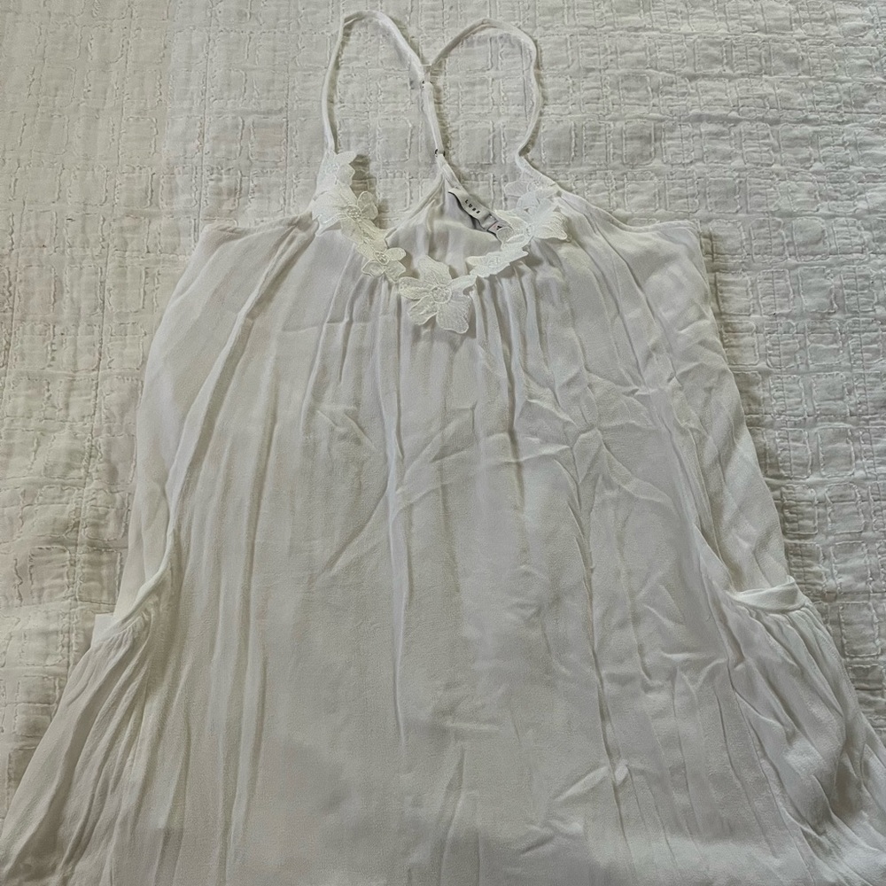 White Lush linen dress, flower detail with razorback straps